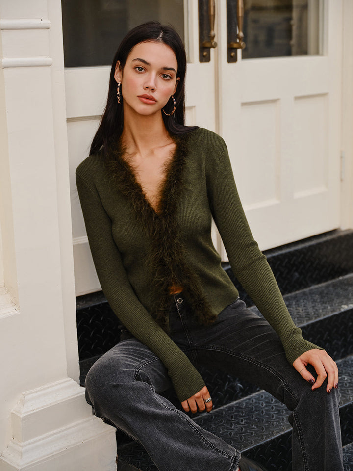 Women's Knit Feather Cardigan Wool Mix V Neck Top