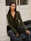 Women's Knit Feather Cardigan Wool Mix V Neck Top