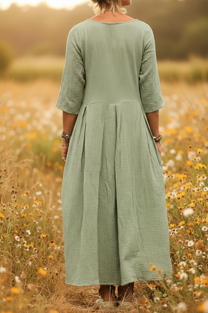 Women's Linen Pleated Long-Sleeve Maxi Dress