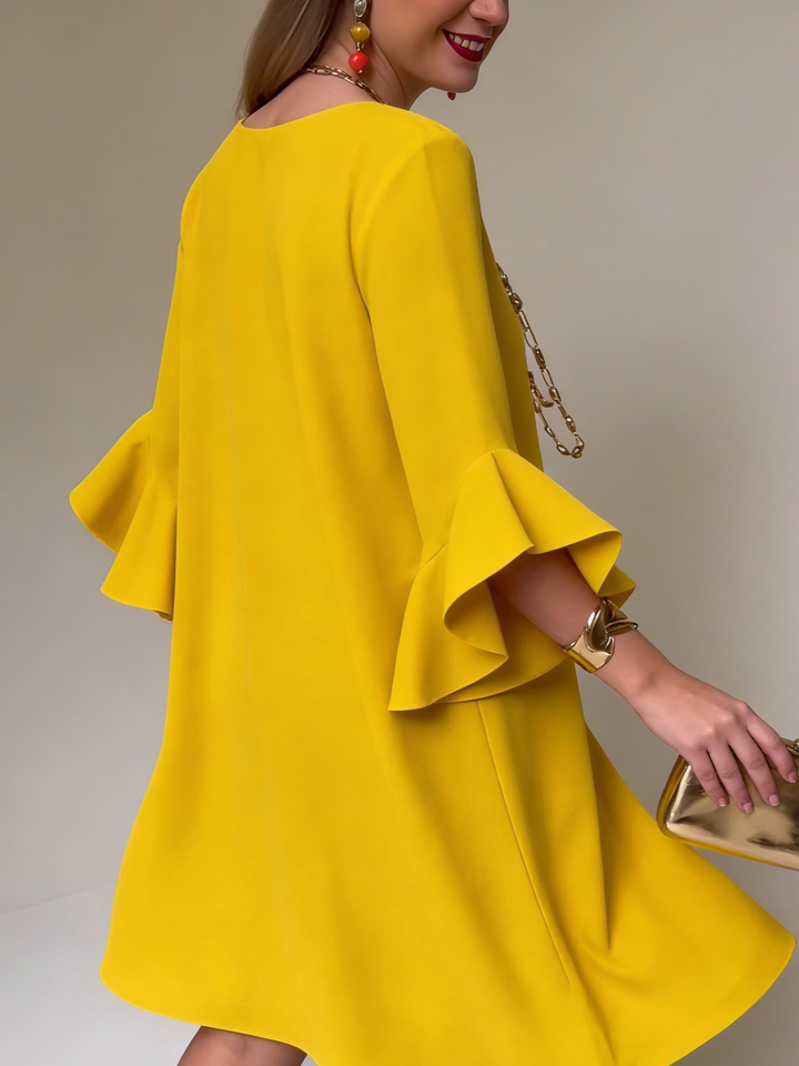 Women's Linen Ruffle Bell Sleeve Shift Cocktail Party Dress