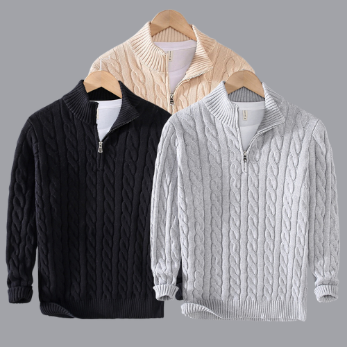 Męski sweter z wełny merino z półzamkiem i wzorem warkocza