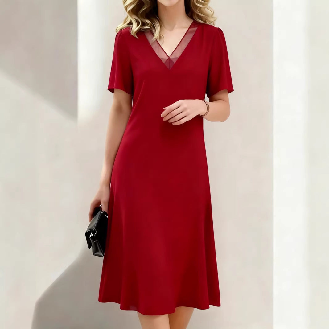 Women’s Linen V-Neck Short-Sleeve Flowing Midi Dress