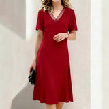 Women’s Linen V-Neck Short-Sleeve Flowing Midi Dress