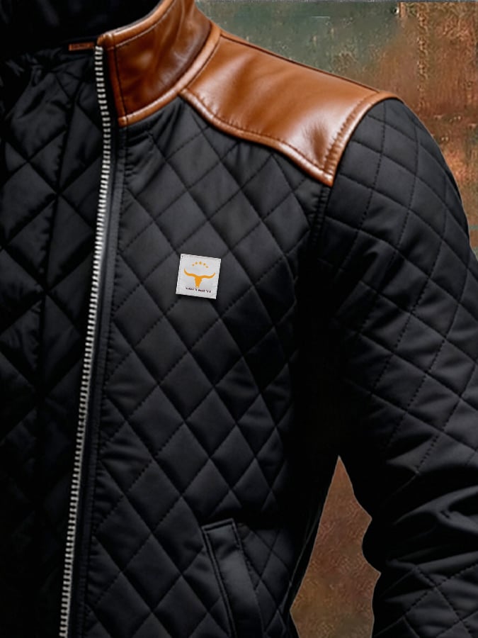 Men's Quilted Jacket Fleece Leather Bomber Coat