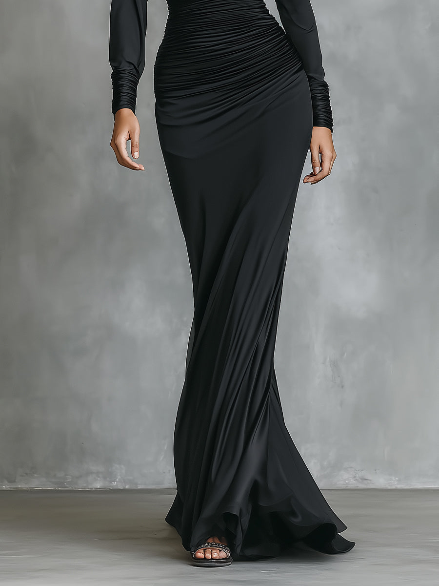Women's Satin Long-Sleeve One-Shoulder Mermaid Maxi Dress