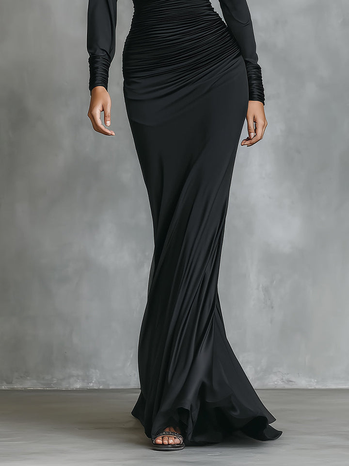 Women's Satin Long-Sleeve One-Shoulder Mermaid Maxi Dress