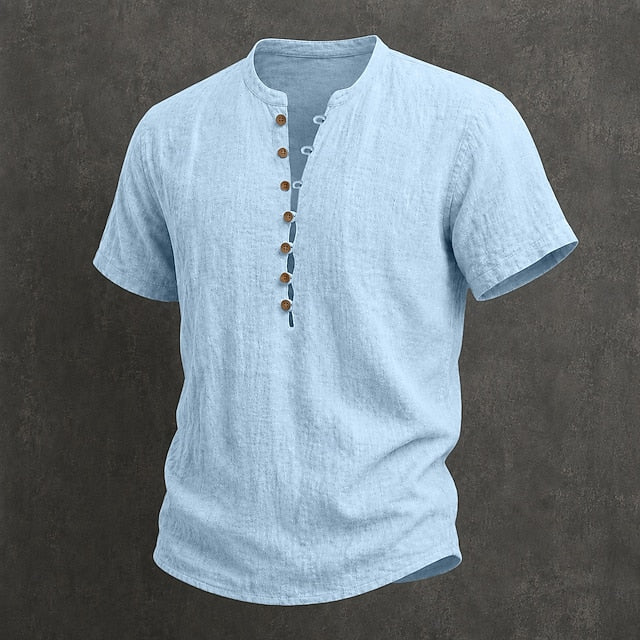 Men's Henley Shirt Linen Casual Short Sleeve Breathable Tops