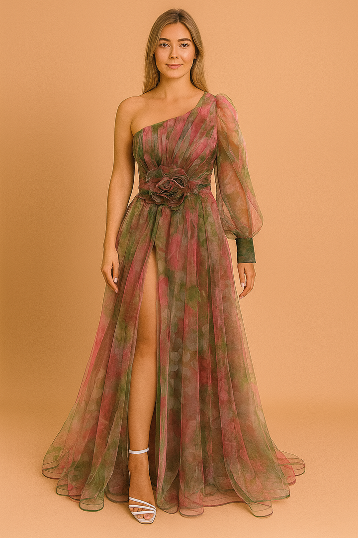 Women's Chiffon One Shoulder Evening Gown High Slit Formal Dress
