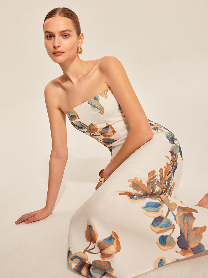 Women's Strapless Linen Floral Print Bodycon Midi Dress