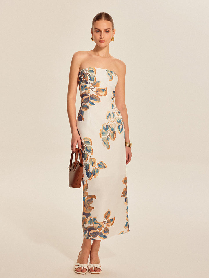 Women's Strapless Linen Floral Print Bodycon Midi Dress