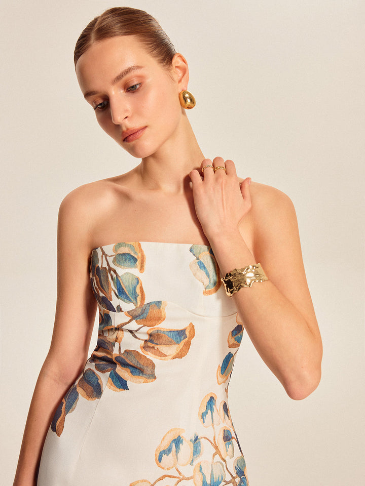 Women's Strapless Linen Floral Print Bodycon Midi Dress