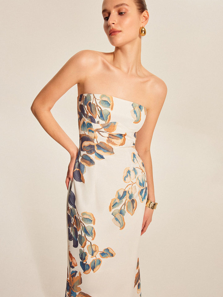 Women's Strapless Linen Floral Print Bodycon Midi Dress