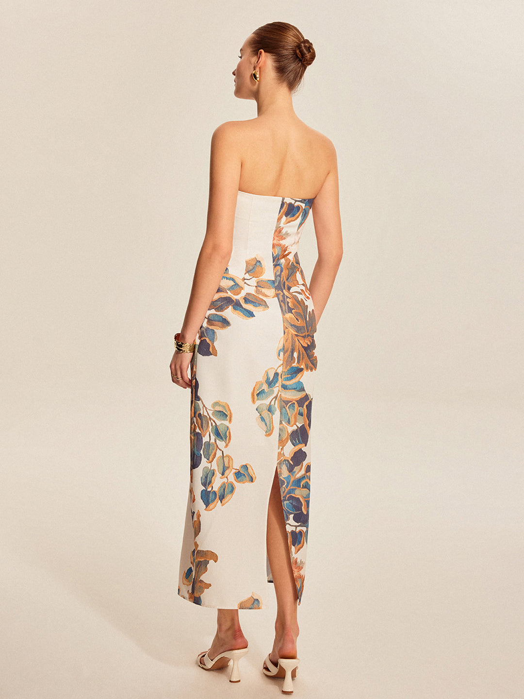 Women's Strapless Linen Floral Print Bodycon Midi Dress