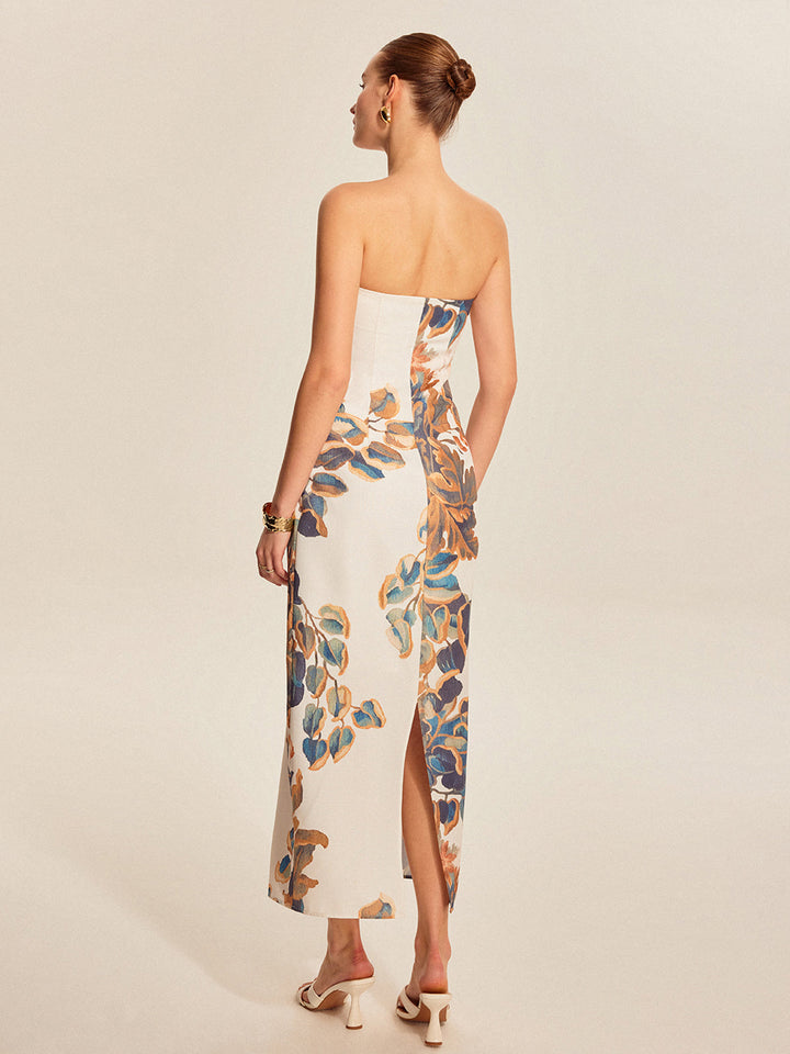 Women's Strapless Linen Floral Print Bodycon Midi Dress