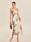 Women's Strapless Linen Floral Print Bodycon Midi Dress