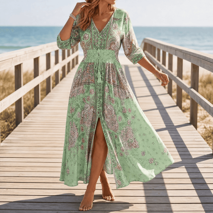 Dámské dlouhé květované šaty na pláž v boho stylu, s dlouhými rukávy, šifonové, na slunce
