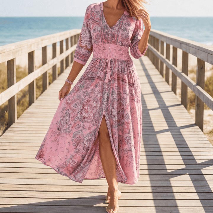 Dámské dlouhé květované šaty na pláž v boho stylu, s dlouhými rukávy, šifonové, na slunce