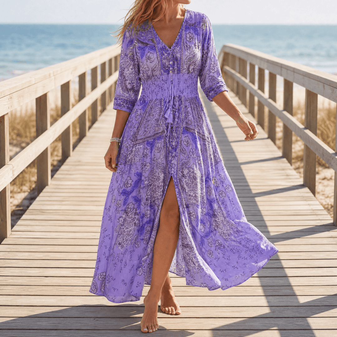 Dámské dlouhé květované šaty na pláž v boho stylu, s dlouhými rukávy, šifonové, na slunce