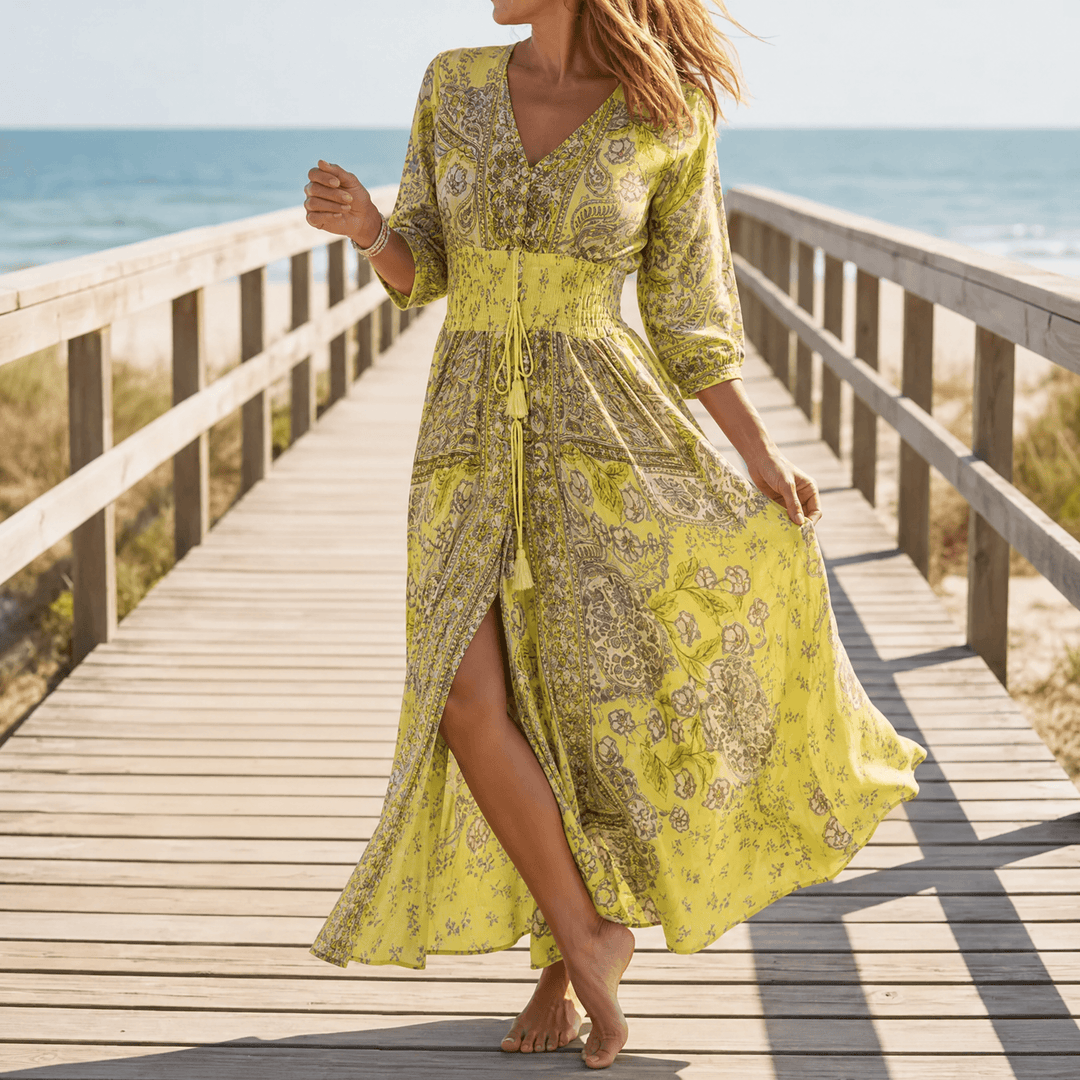 Dámské dlouhé květované šaty na pláž v boho stylu, s dlouhými rukávy, šifonové, na slunce