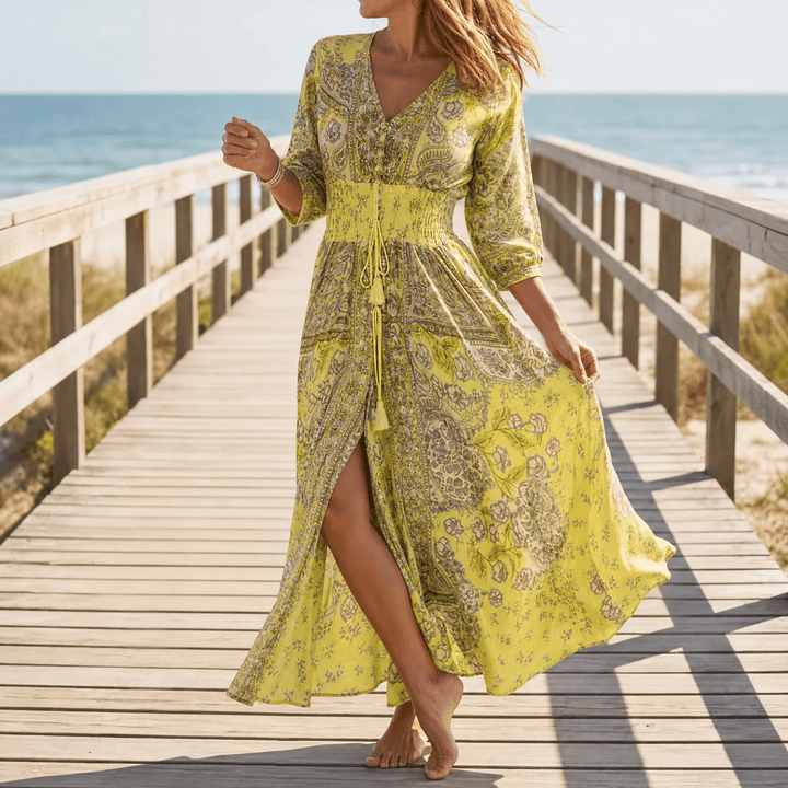 Dámské dlouhé květované šaty na pláž v boho stylu, s dlouhými rukávy, šifonové, na slunce