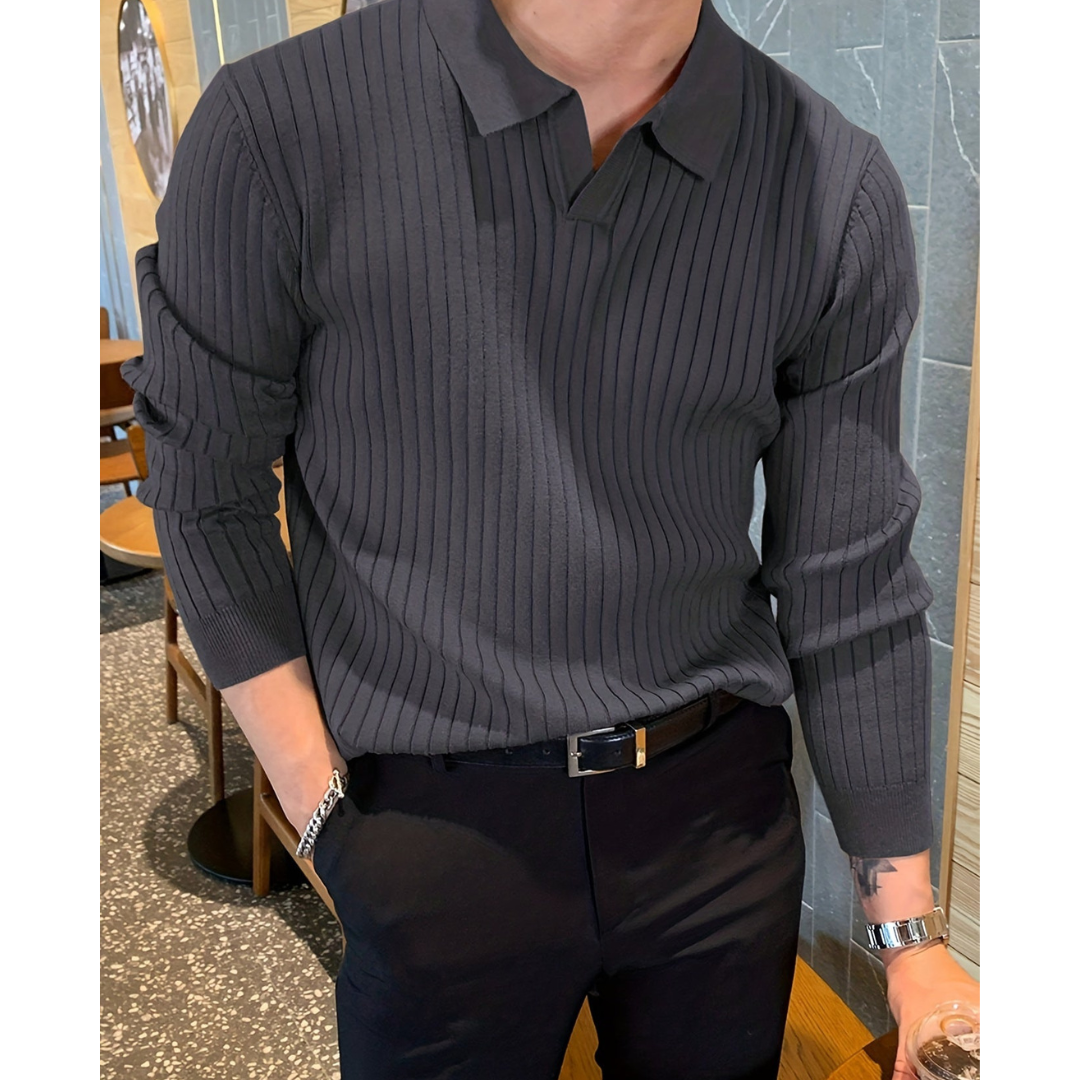 Men's Knit Polo Long Sleeve Ribbed Jumper Knitwear
