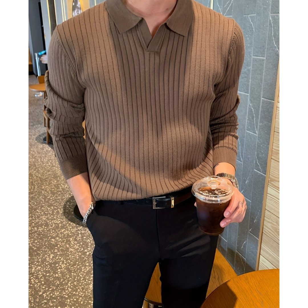 Men's Knit Polo Long Sleeve Ribbed Jumper Knitwear