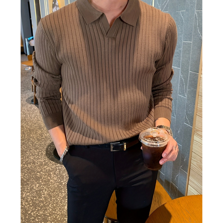 Men's Knit Polo Long Sleeve Ribbed Jumper Knitwear