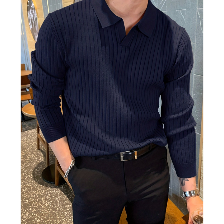 Men's Knit Polo Long Sleeve Ribbed Jumper Knitwear