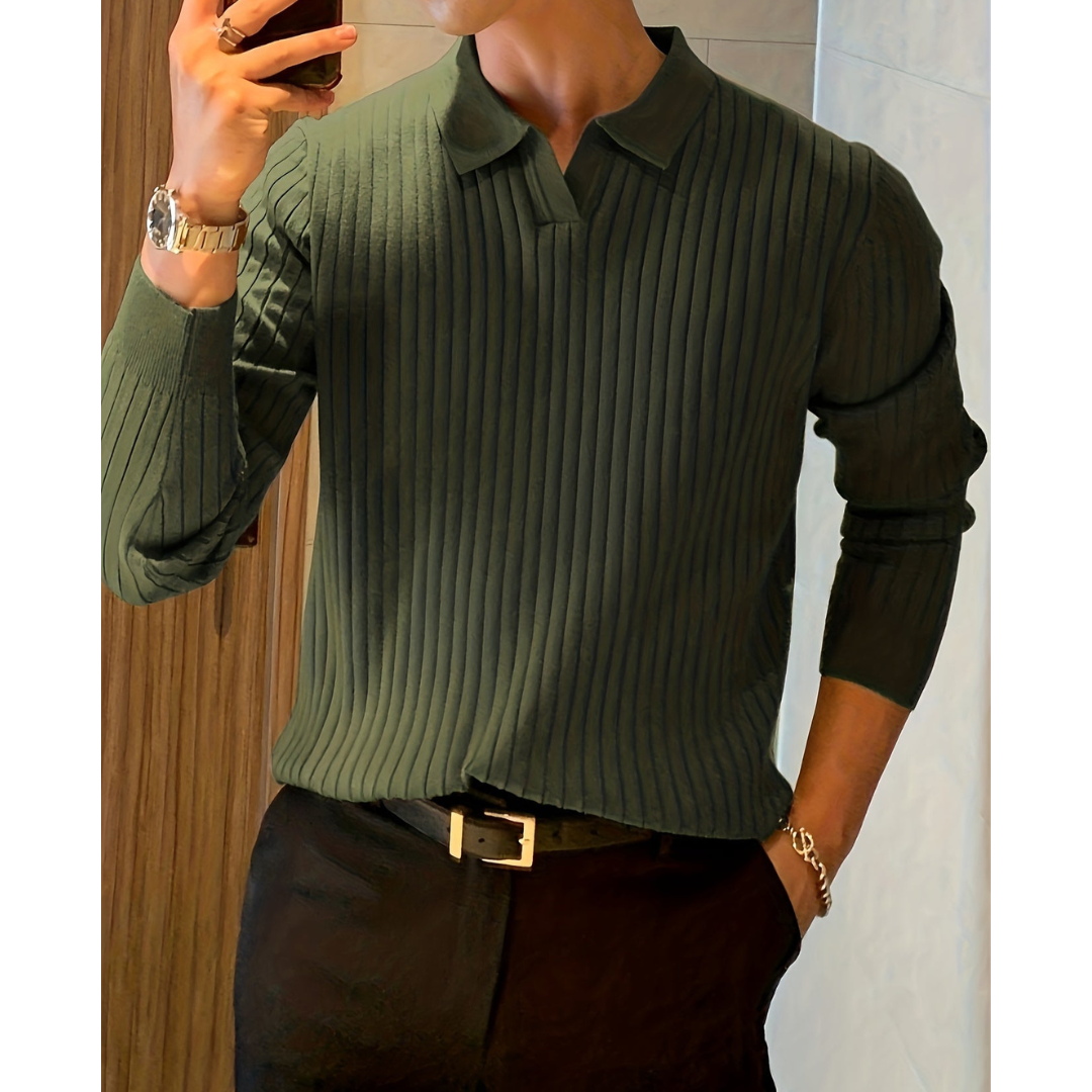 Men's Knit Long Sleeve Polo Shirt Ribbed Casual Top