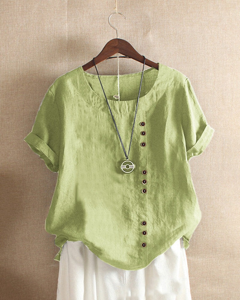 Women's Short Sleeve Linen Asymmetric Top Loose Fit Tunic Blouse