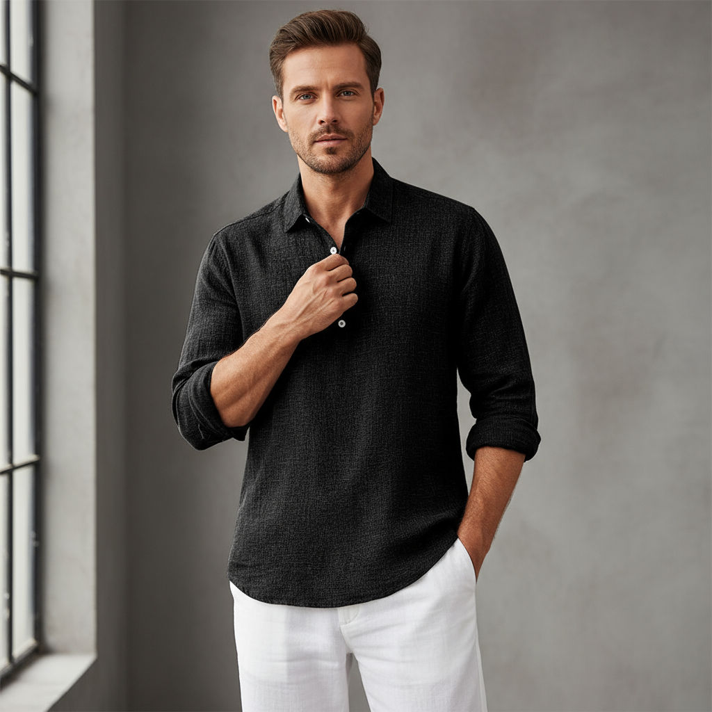 Men's Linen Long Sleeve Henley Shirt Casual Top