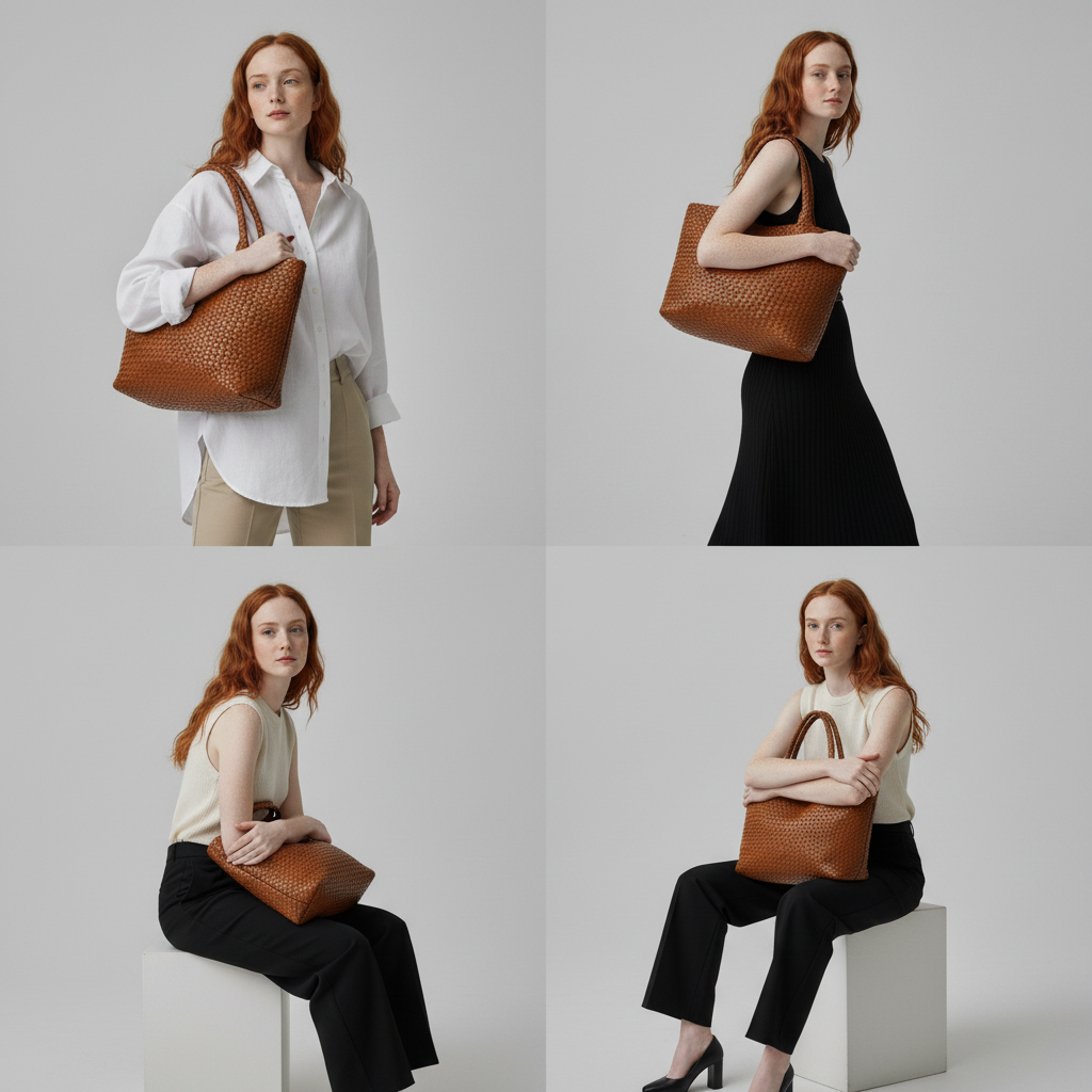 Women's Leather Woven Tote Handbag Wide Strap Shoulder Bag