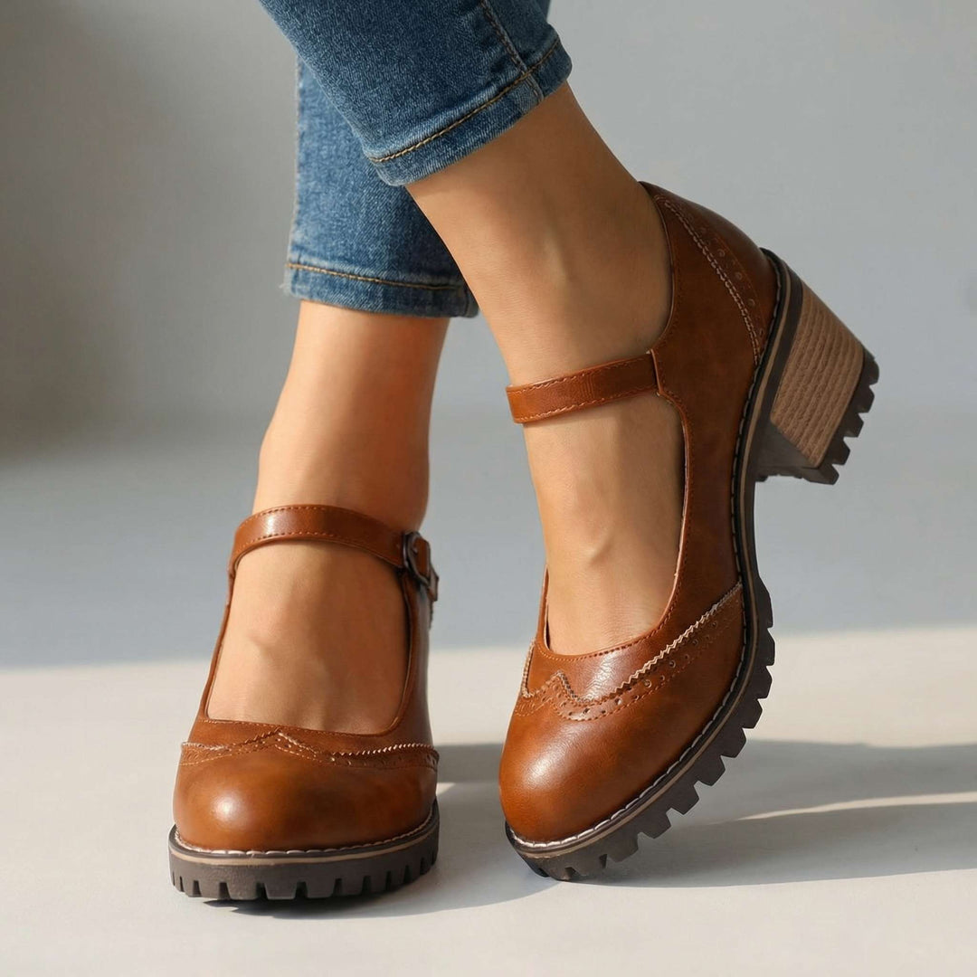 Women's Leather Mary Jane Block Heel Pump Shoes