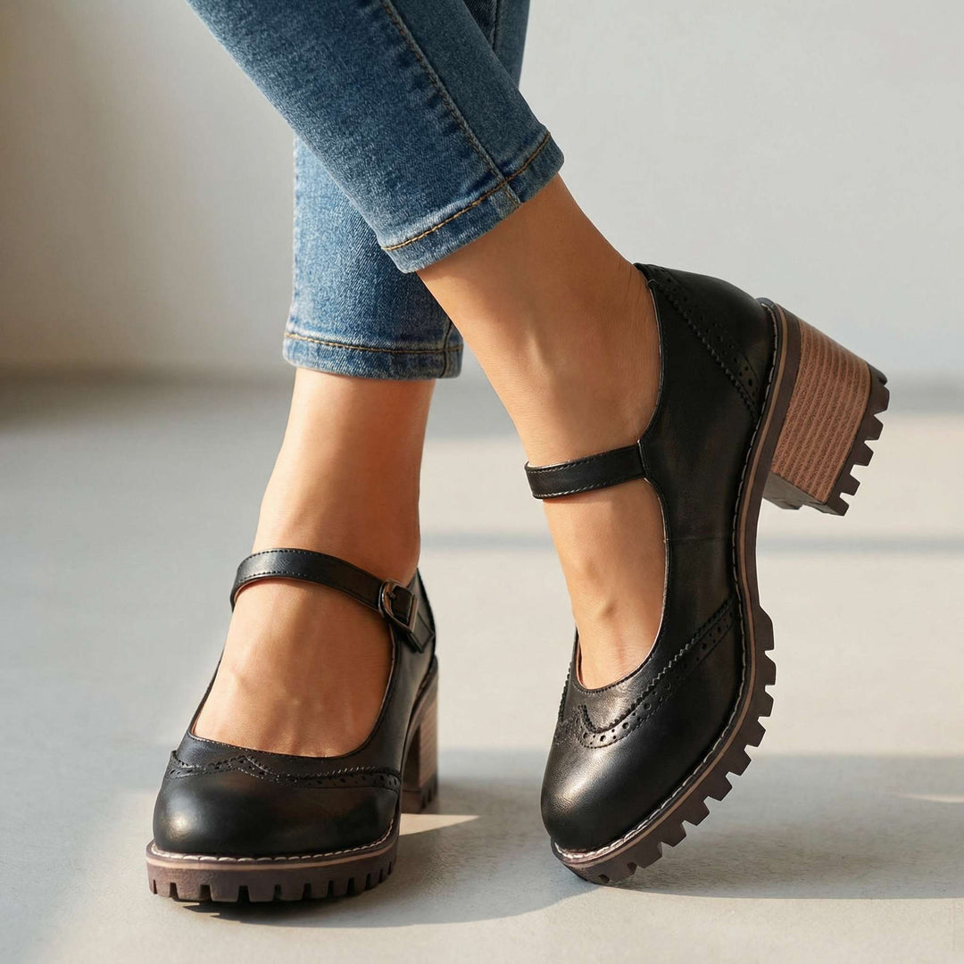Women's Leather Mary Jane Block Heel Pump Shoes