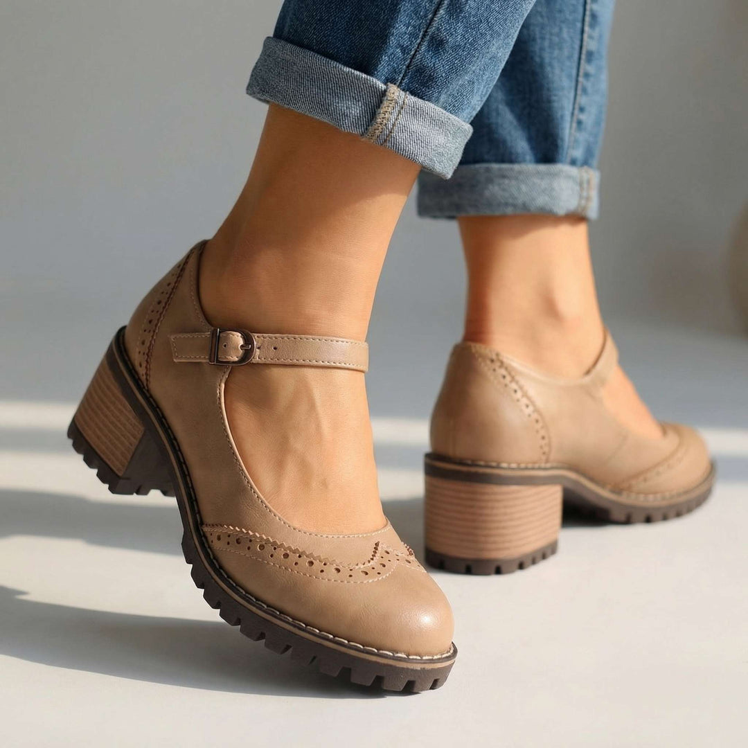 Women's Leather Mary Jane Block Heel Pump Shoes