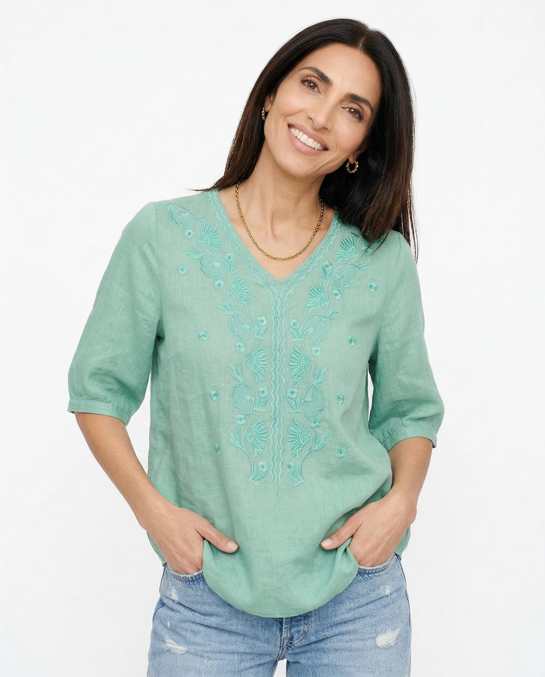 Women's Linen Embroidered Blouse V-Neck Casual Short Sleeve Top