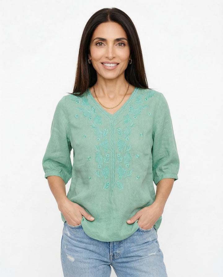 Women's Linen Embroidered Blouse V-Neck Casual Short Sleeve Top