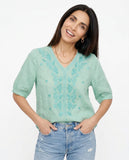 Women's Linen Embroidered Blouse V-Neck Casual Short Sleeve Top