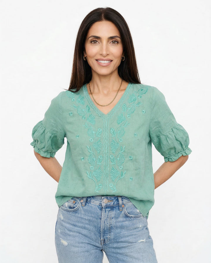 Women's Linen Embroidered Blouse V-Neck Casual Short Sleeve Top