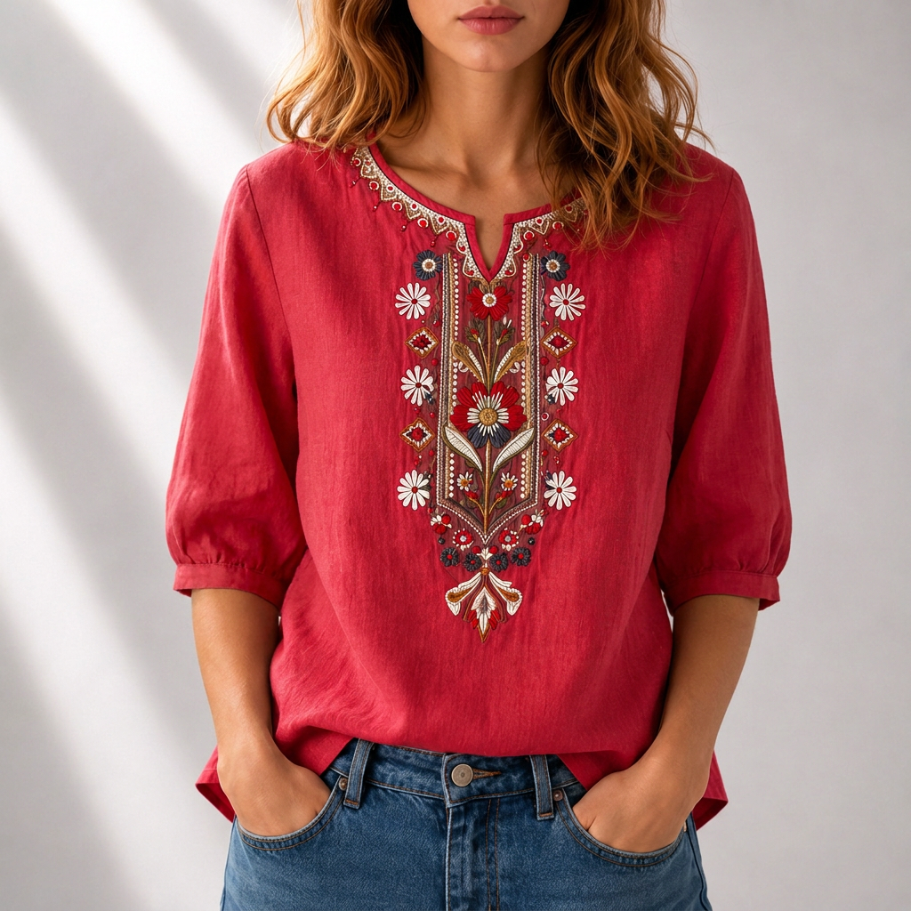 Γυναικεία λινή μπλούζα boho με κέντημα