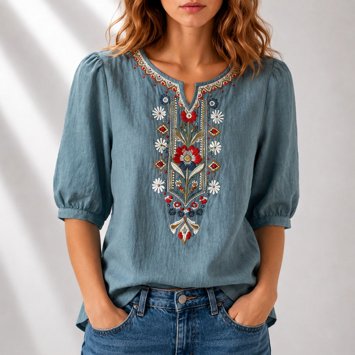 Γυναικεία λινή μπλούζα boho με κέντημα