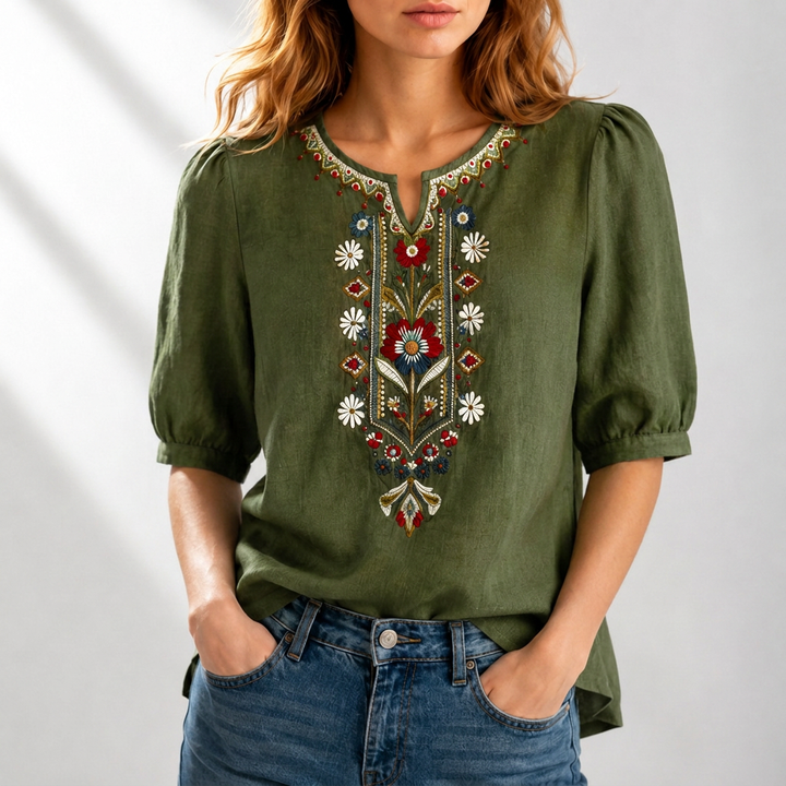 Γυναικεία λινή μπλούζα boho με κέντημα