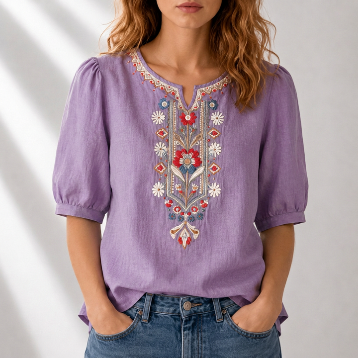 Γυναικεία λινή μπλούζα boho με κέντημα