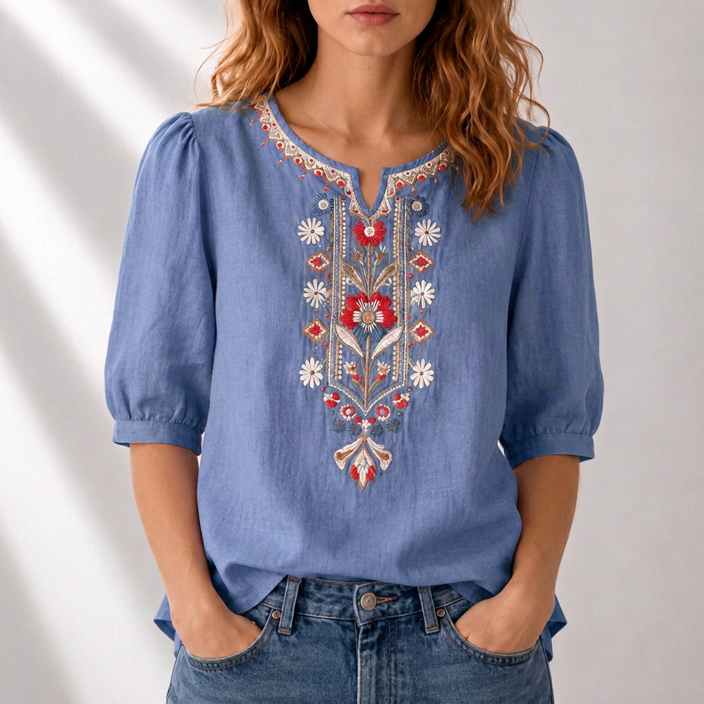Γυναικεία λινή μπλούζα boho με κέντημα