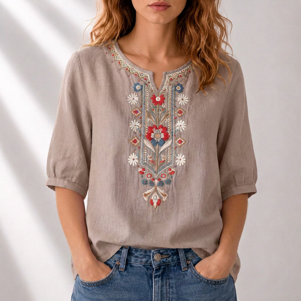 Γυναικεία λινή μπλούζα boho με κέντημα