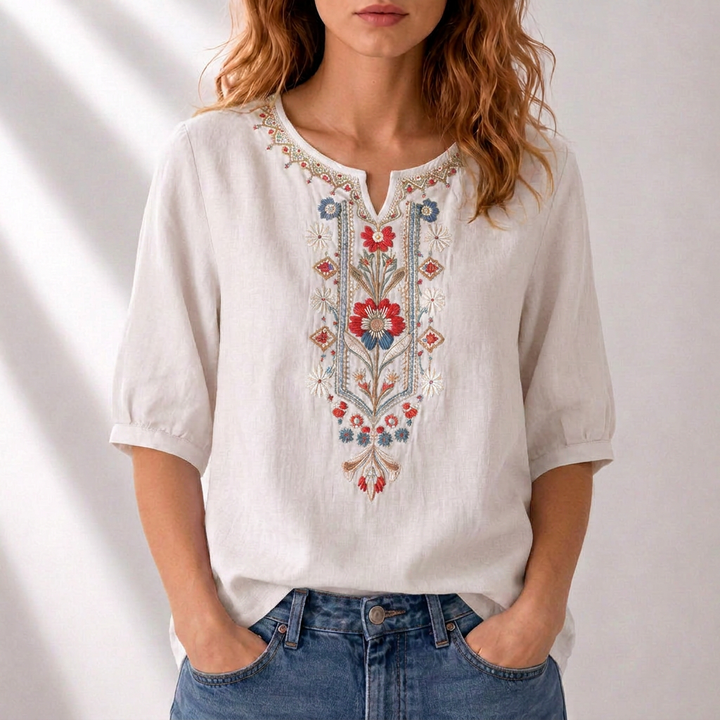 Γυναικεία λινή μπλούζα boho με κέντημα