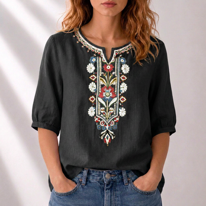 Γυναικεία λινή μπλούζα boho με κέντημα