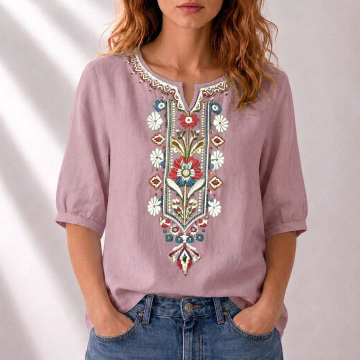 Γυναικεία λινή μπλούζα boho με κέντημα