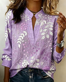 Women's Floral Print Linen V-Neck Long Sleeve Blouse