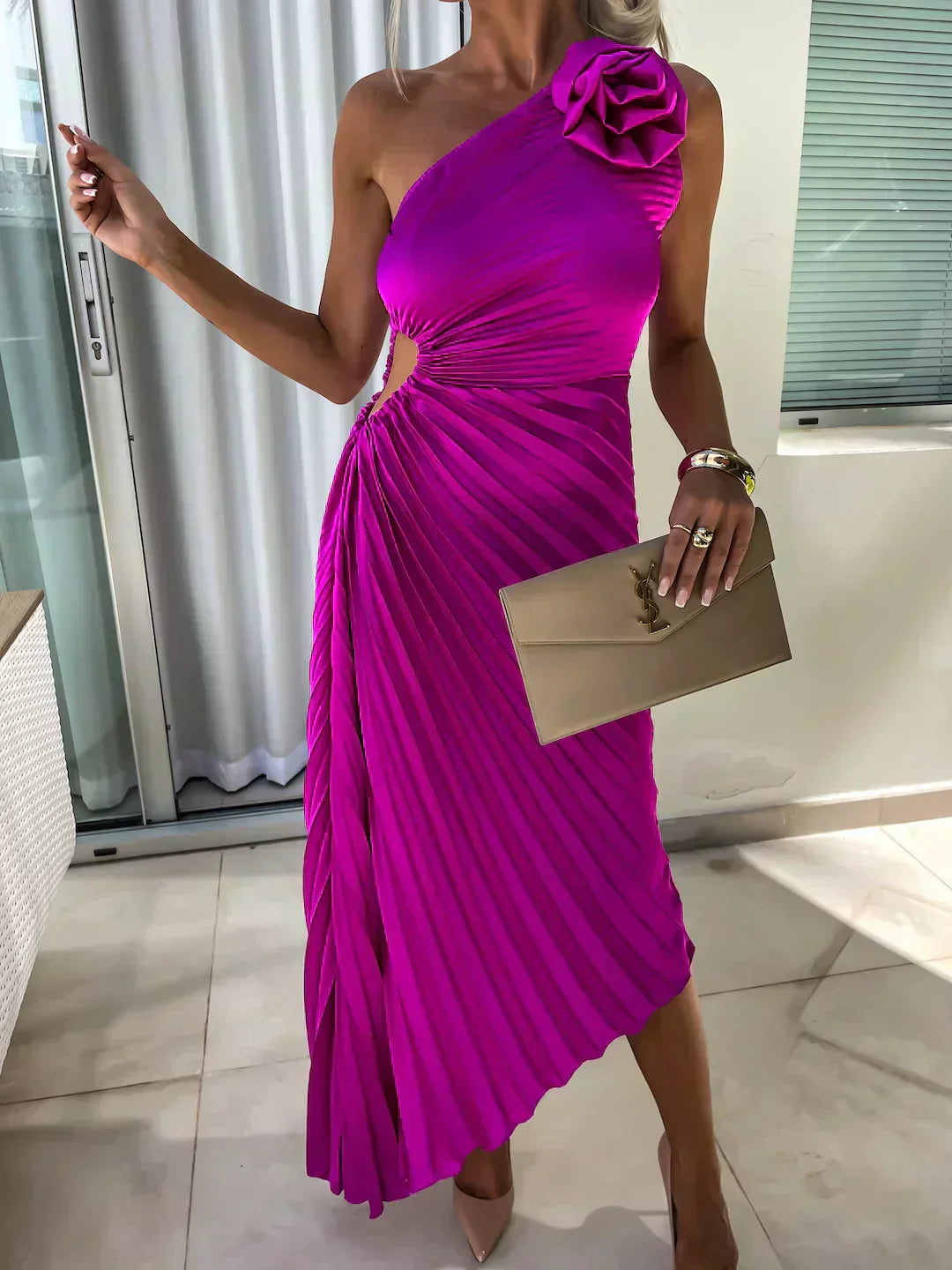Women's Pleated Satin One Shoulder Maxi Dress